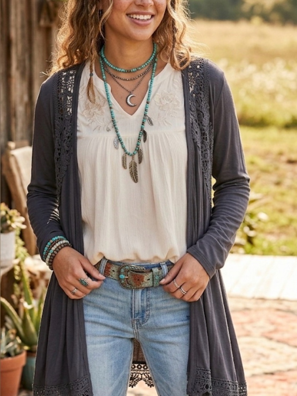 BKE Charcoal Crochet-Trim Open-Front Cardigan